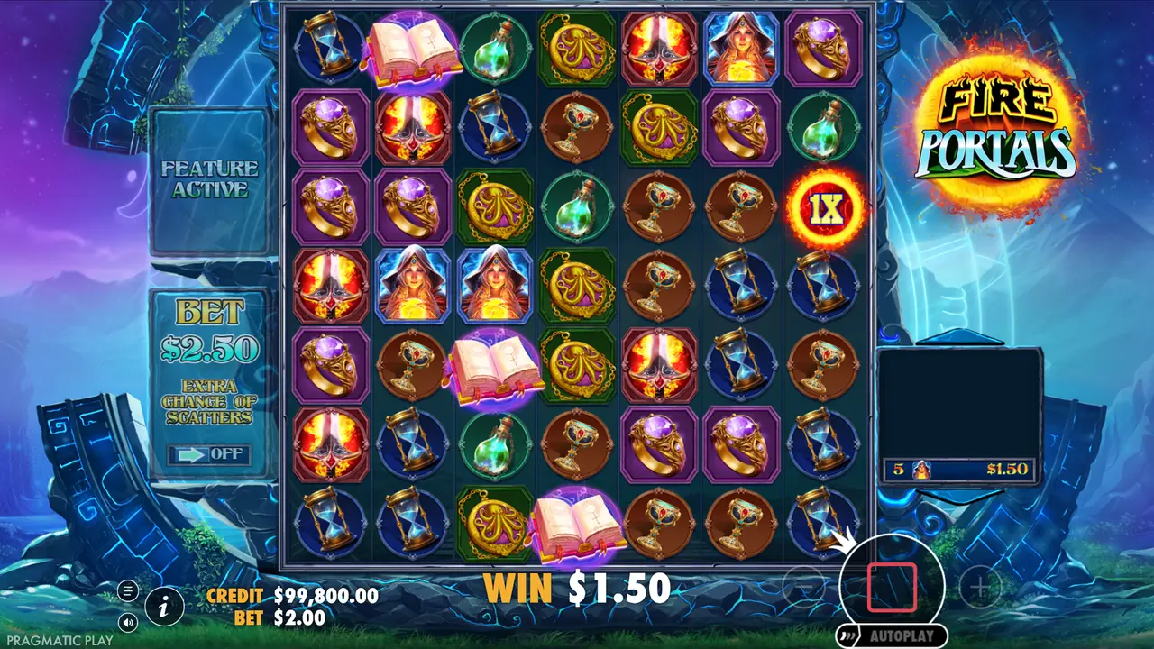Fire Portals free spins trigger: three spellbook scatters and a 1X Fire Portal Wild on the grid