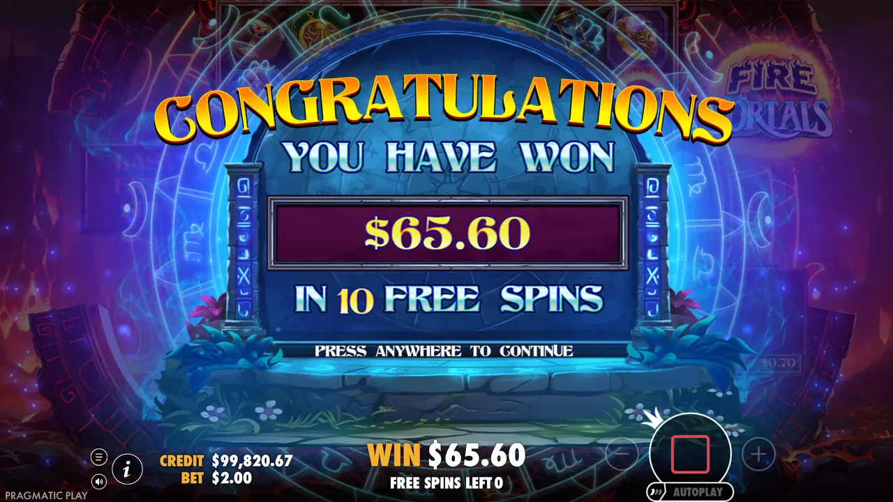 Fire Portals free spins win: $65.60 in 10 free spins on a $2 bet