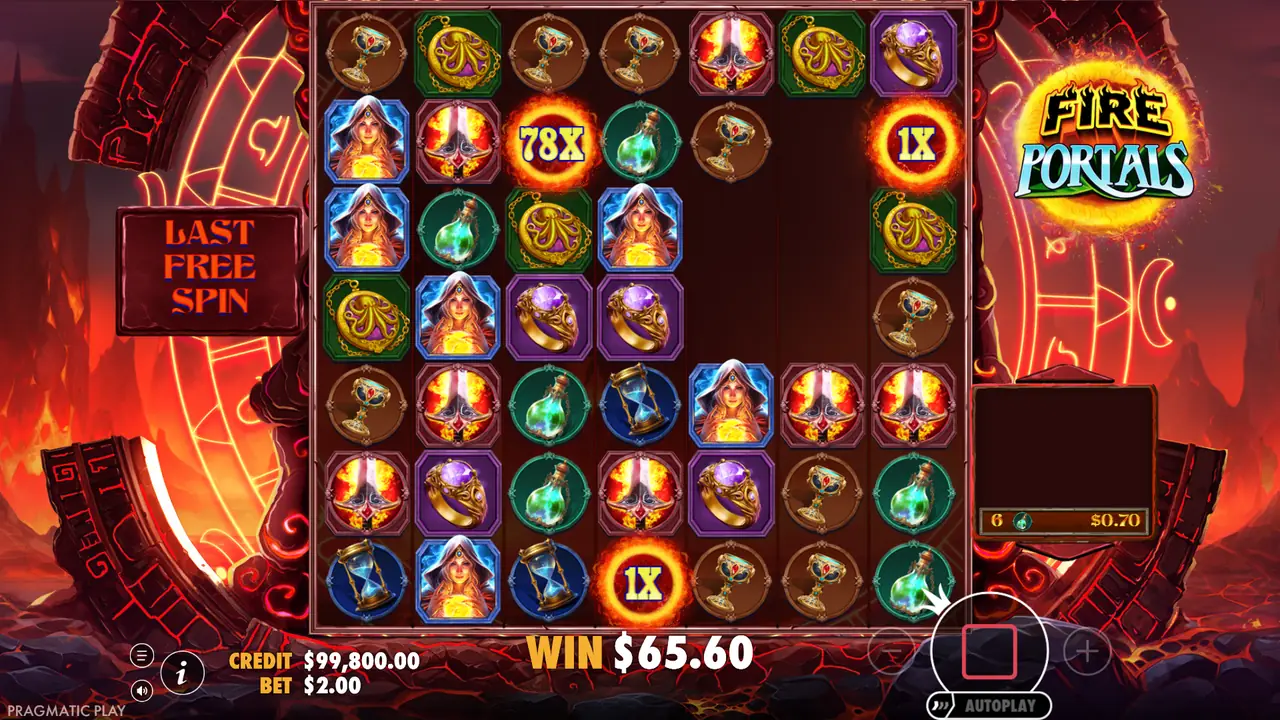 Fire Portals free spins: the last free spin with a 78X portal wild on the lava grid